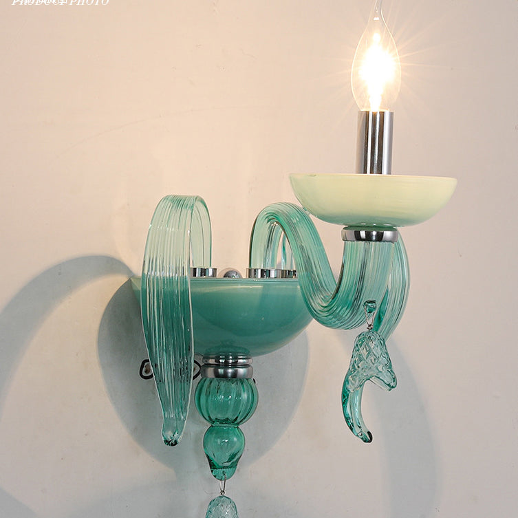 Traditional European Leaf Candle Holder Hardware Frame Glass Shade 1-Light Wall Sconce Lamp For Living Room