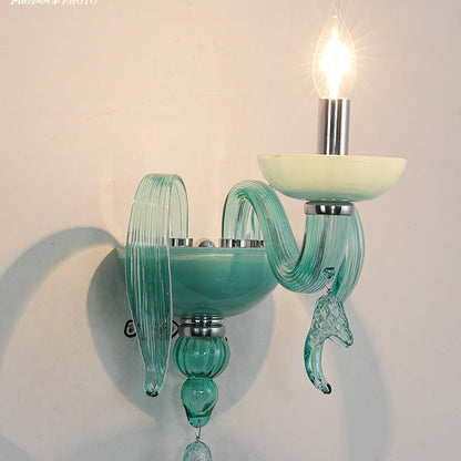 Traditional European Leaf Candle Holder Hardware Frame Glass Shade 1-Light Wall Sconce Lamp For Living Room