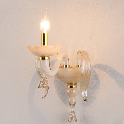 Traditional European Leaf Candle Holder Hardware Frame Glass Shade 1-Light Wall Sconce Lamp For Living Room