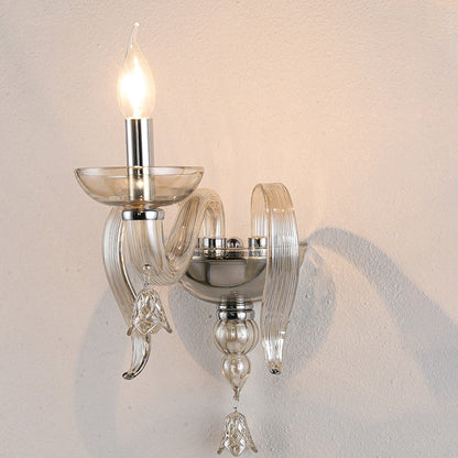 Traditional European Leaf Candle Holder Hardware Frame Glass Shade 1-Light Wall Sconce Lamp For Living Room