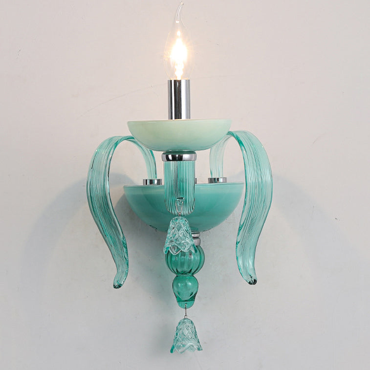 Traditional European Leaf Candle Holder Hardware Frame Glass Shade 1-Light Wall Sconce Lamp For Living Room