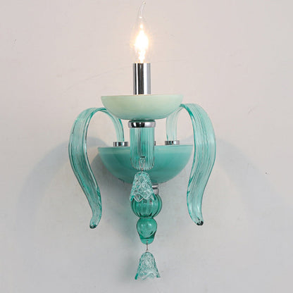 Traditional European Leaf Candle Holder Hardware Frame Glass Shade 1-Light Wall Sconce Lamp For Living Room