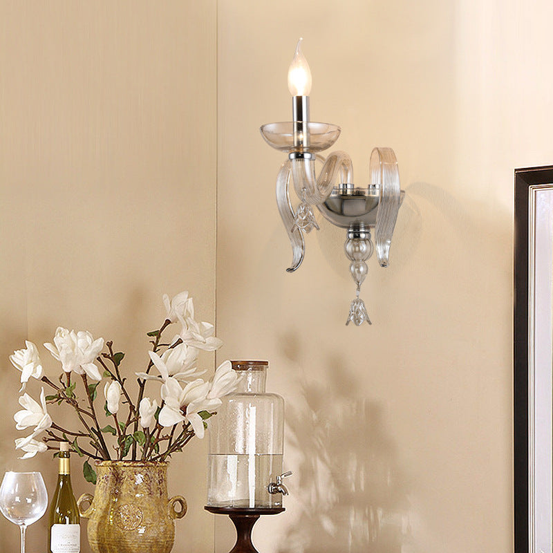 Traditional European Leaf Candle Holder Hardware Frame Glass Shade 1-Light Wall Sconce Lamp For Living Room