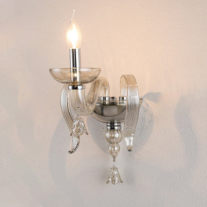 Traditional European Leaf Candle Holder Hardware Frame Glass Shade 1-Light Wall Sconce Lamp For Living Room
