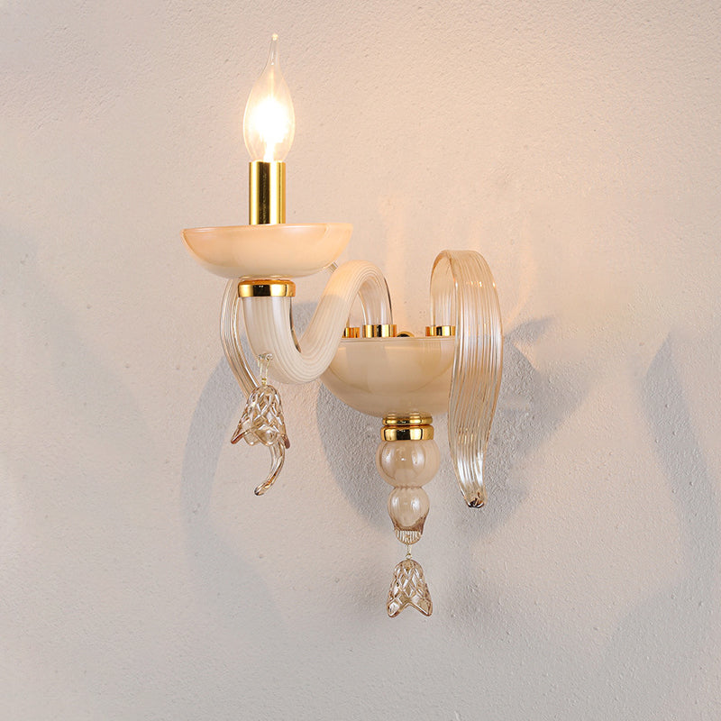 Traditional European Leaf Candle Holder Hardware Frame Glass Shade 1-Light Wall Sconce Lamp For Living Room
