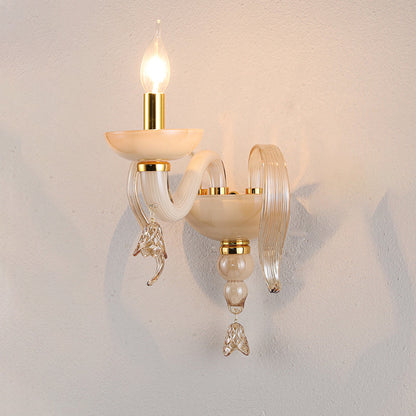 Traditional European Leaf Candle Holder Hardware Frame Glass Shade 1-Light Wall Sconce Lamp For Living Room