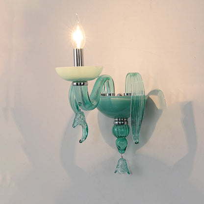 Traditional European Leaf Candle Holder Hardware Frame Glass Shade 1-Light Wall Sconce Lamp For Living Room