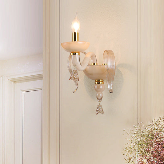 Traditional European Leaf Candle Holder Hardware Frame Glass Shade 1-Light Wall Sconce Lamp For Living Room
