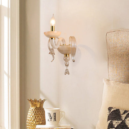 Traditional European Leaf Candle Holder Hardware Frame Glass Shade 1-Light Wall Sconce Lamp For Living Room