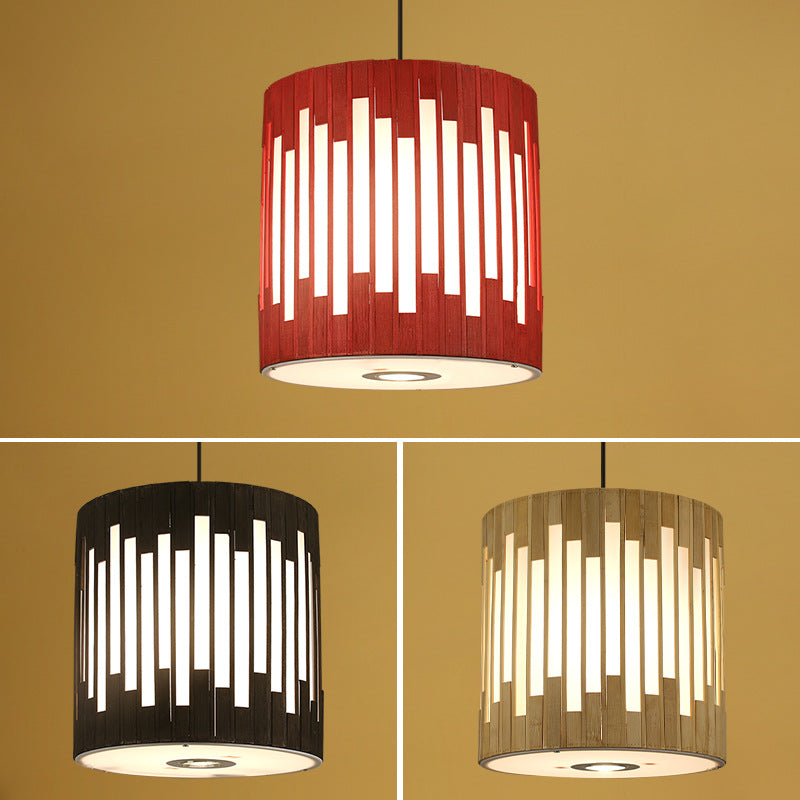 Traditional Chinese Cylinder Bamboo Woven 1-Light Pendant Light For Dining Room