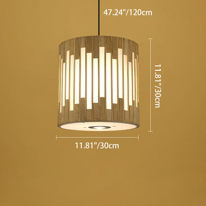 Traditional Chinese Cylinder Bamboo Woven 1-Light Pendant Light For Dining Room