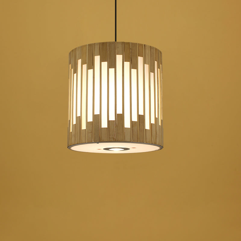 Traditional Chinese Cylinder Bamboo Woven 1-Light Pendant Light For Dining Room