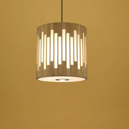 Traditional Chinese Cylinder Bamboo Woven 1-Light Pendant Light For Dining Room