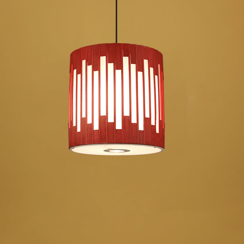 Traditional Chinese Cylinder Bamboo Woven 1-Light Pendant Light For Dining Room