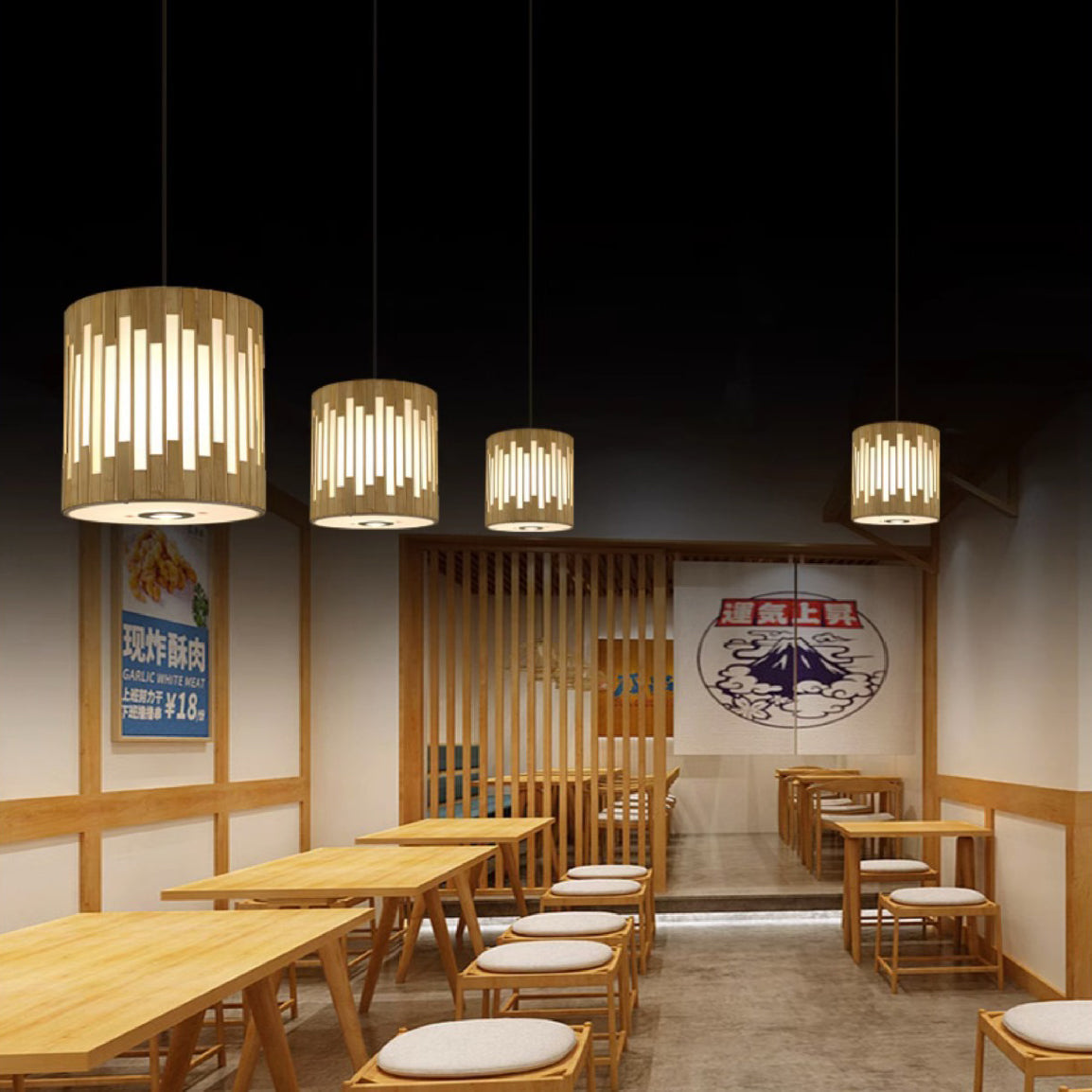 Traditional Chinese Cylinder Bamboo Woven 1-Light Pendant Light For Dining Room