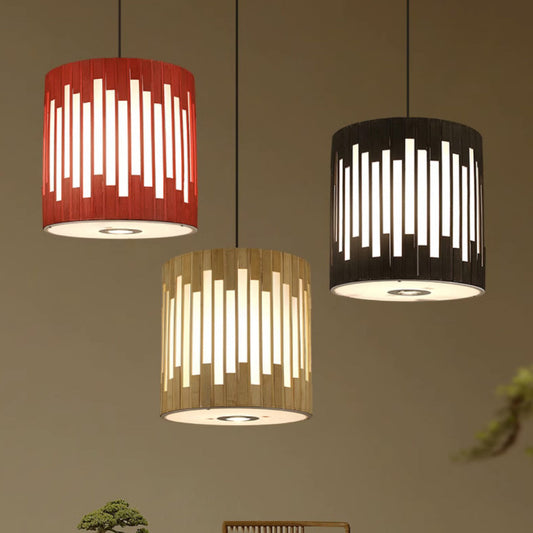 Traditional Chinese Cylinder Bamboo Woven 1-Light Pendant Light For Dining Room