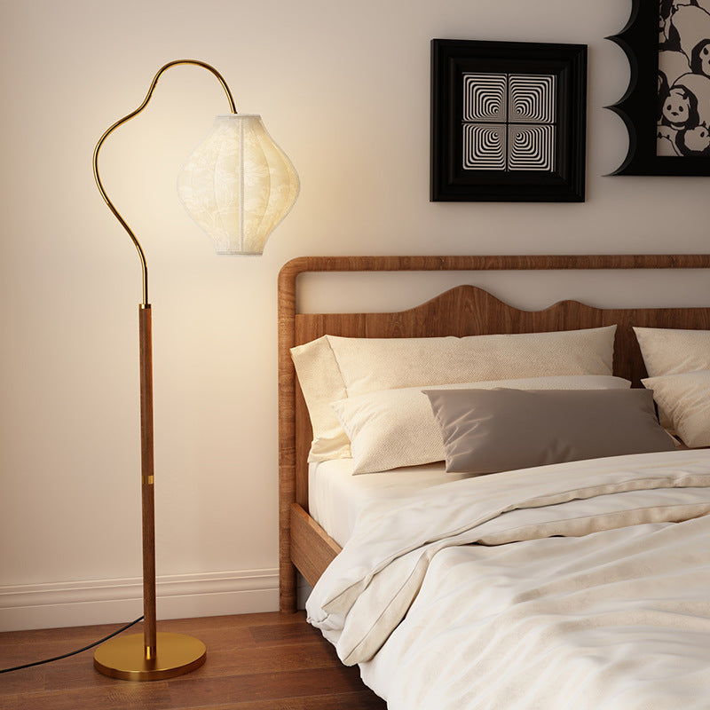 Traditional Vintage Curved Fishing Rod Hardware Frame Patterned Fabric Shade 1-Light Standing Floor Lamp For Living Room