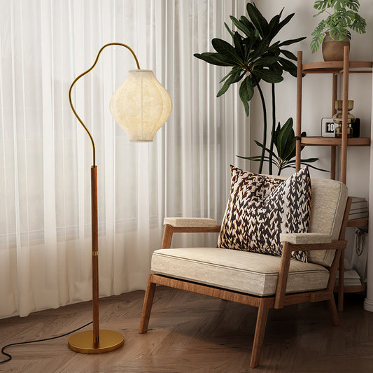 Traditional Vintage Curved Fishing Rod Hardware Frame Patterned Fabric Shade 1-Light Standing Floor Lamp For Living Room