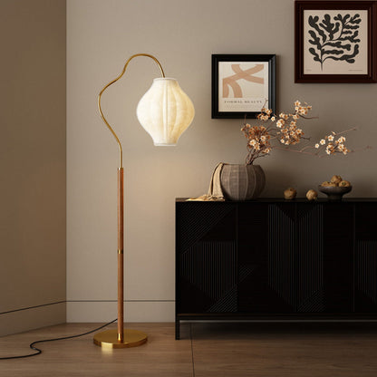 Traditional Vintage Curved Fishing Rod Hardware Frame Patterned Fabric Shade 1-Light Standing Floor Lamp For Living Room