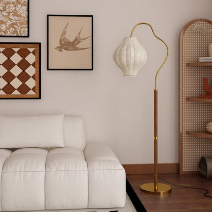 Traditional Vintage Curved Fishing Rod Hardware Frame Patterned Fabric Shade 1-Light Standing Floor Lamp For Living Room