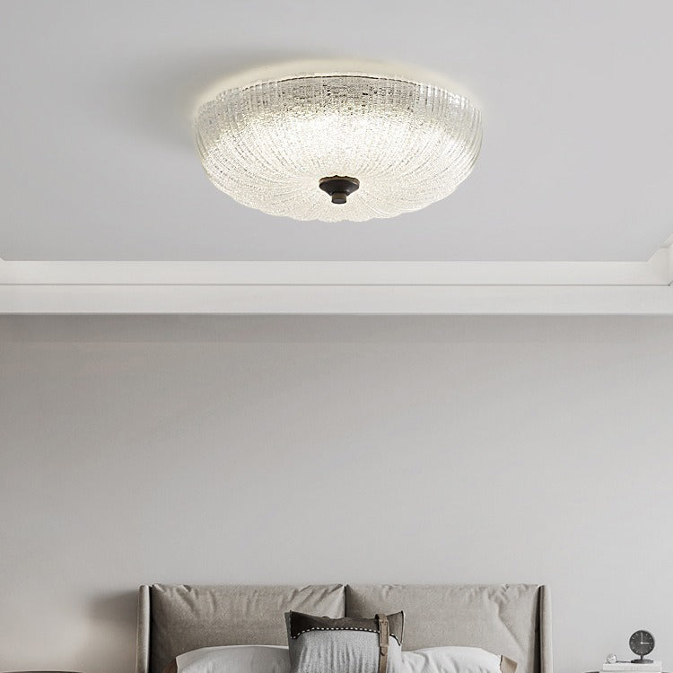 Contemporary Nordic Round Stripe Handmade Glass Copper LED Flush Mount Ceiling Light For Living Room
