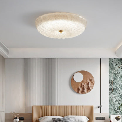 Contemporary Nordic Round Stripe Handmade Glass Copper LED Flush Mount Ceiling Light For Living Room