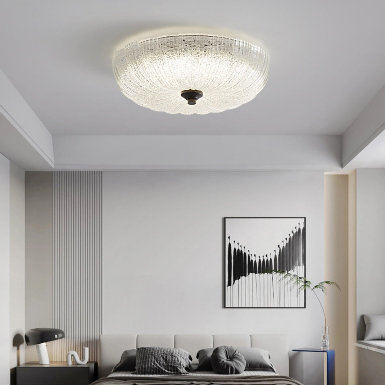 Contemporary Nordic Round Stripe Handmade Glass Copper LED Flush Mount Ceiling Light For Living Room