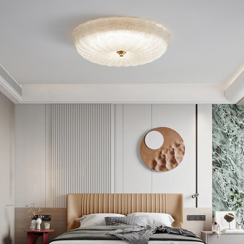 Contemporary Nordic Round Stripe Handmade Glass Copper LED Flush Mount Ceiling Light For Living Room