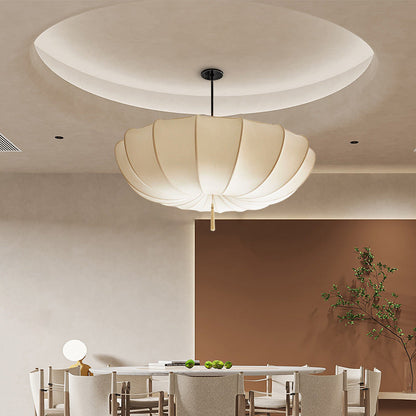 Traditional Japanese Round Iron Frame Fabric Shade 3/5 Light Chandelier For Living Room