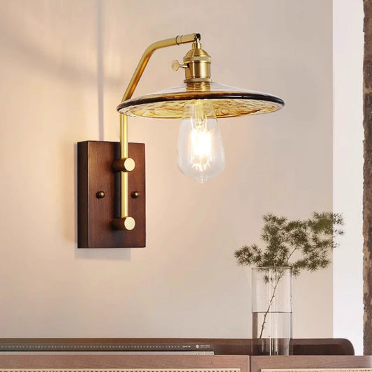 Traditional Vintage Round Cone Iron Frame Wood Base Glass Shade 1-Light Wall Sconce Lamp For Living Room