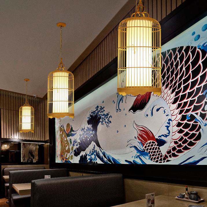 Traditional Chinese Cylinder Birdcage Bamboo Woven Solid Wood 1-Light Pendant Light For Dining Room