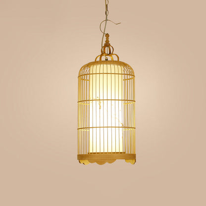 Traditional Chinese Cylinder Birdcage Bamboo Woven Solid Wood 1-Light Pendant Light For Dining Room