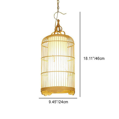 Traditional Chinese Cylinder Birdcage Bamboo Woven Solid Wood 1-Light Pendant Light For Dining Room