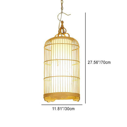 Traditional Chinese Cylinder Birdcage Bamboo Woven Solid Wood 1-Light Pendant Light For Dining Room