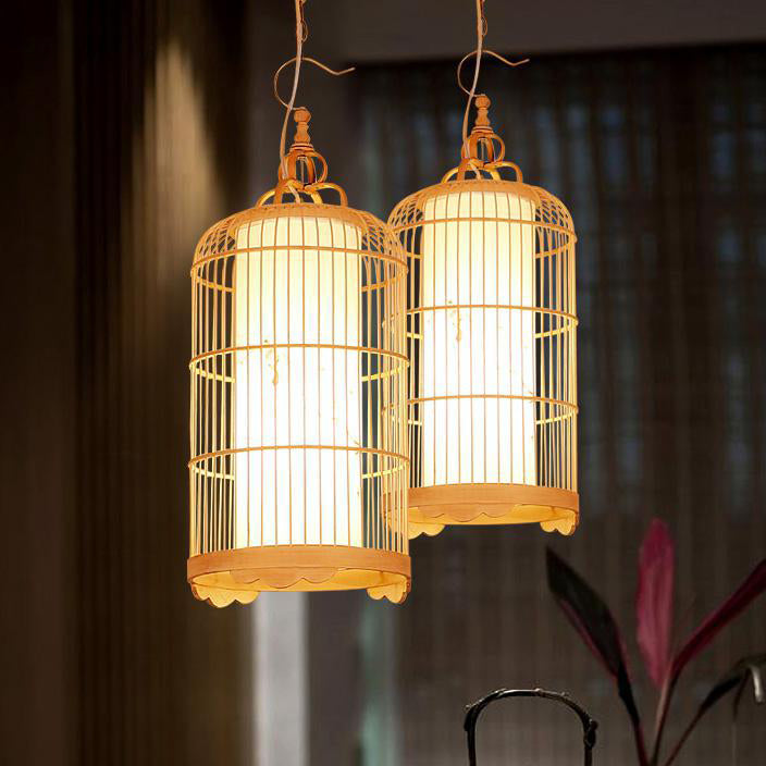 Traditional Chinese Cylinder Birdcage Bamboo Woven Solid Wood 1-Light Pendant Light For Dining Room