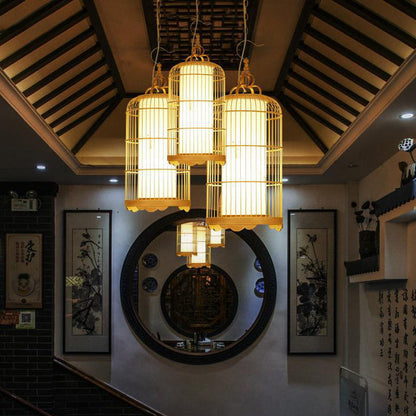 Traditional Chinese Cylinder Birdcage Bamboo Woven Solid Wood 1-Light Pendant Light For Dining Room