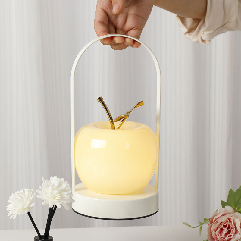 Contemporary Creative Portable Apple Iron Frame Glass Shade LED Table Lamp For Bedroom