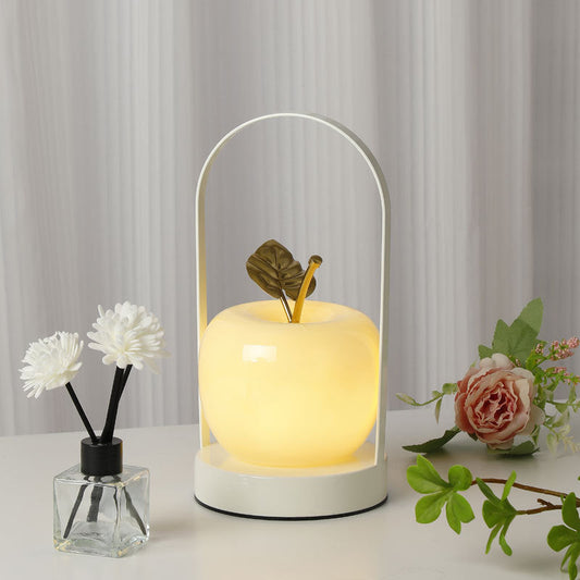 Contemporary Creative Portable Apple Iron Frame Glass Shade LED Table Lamp For Bedroom