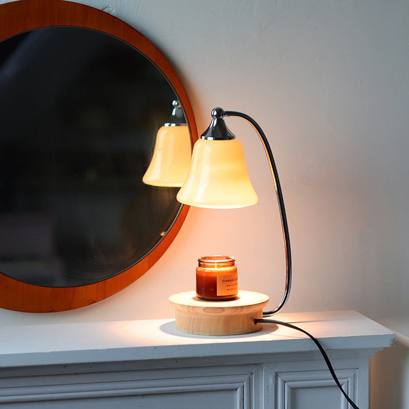 Modern Art Deco Horn Shape Oak Solid Wood Base Iron Frame Glass Shade 1-Light Aromatherapy Melted Wax Table Lamp For Bedroom