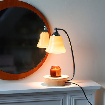 Modern Art Deco Horn Shape Oak Solid Wood Base Iron Frame Glass Shade 1-Light Aromatherapy Melted Wax Table Lamp For Bedroom