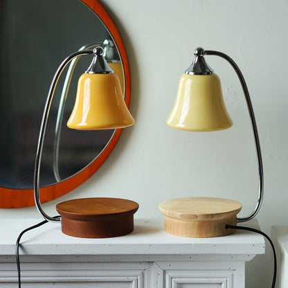 Modern Art Deco Horn Shape Oak Solid Wood Base Iron Frame Glass Shade 1-Light Aromatherapy Melted Wax Table Lamp For Bedroom