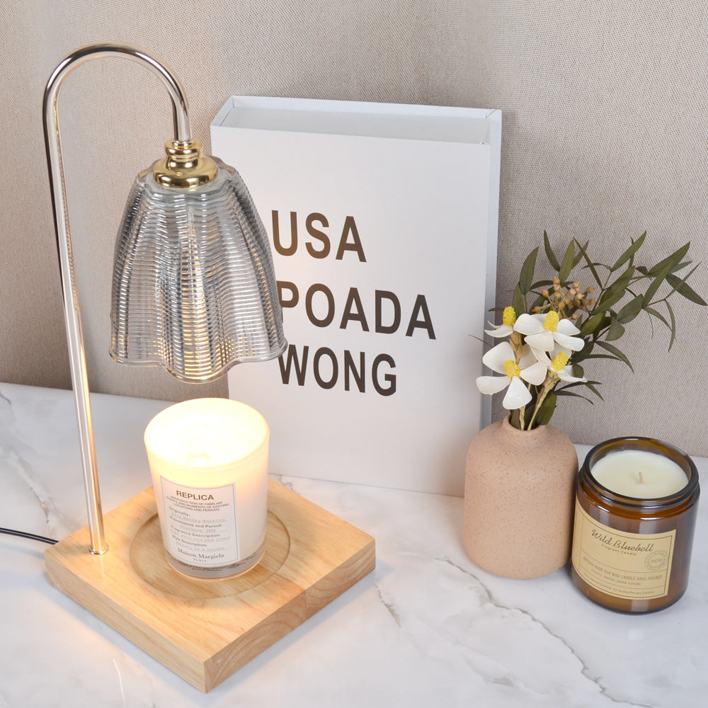 Modern Art Deco Round Cup Shape Wooden Base Iron Frame Glass Shade 1-Light Aromatherapy Melted Wax Table Lamp For Bedroom