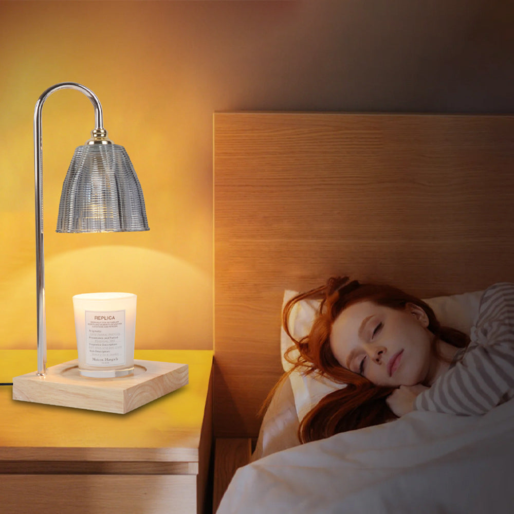 Modern Art Deco Round Cup Shape Wooden Base Iron Frame Glass Shade 1-Light Aromatherapy Melted Wax Table Lamp For Bedroom