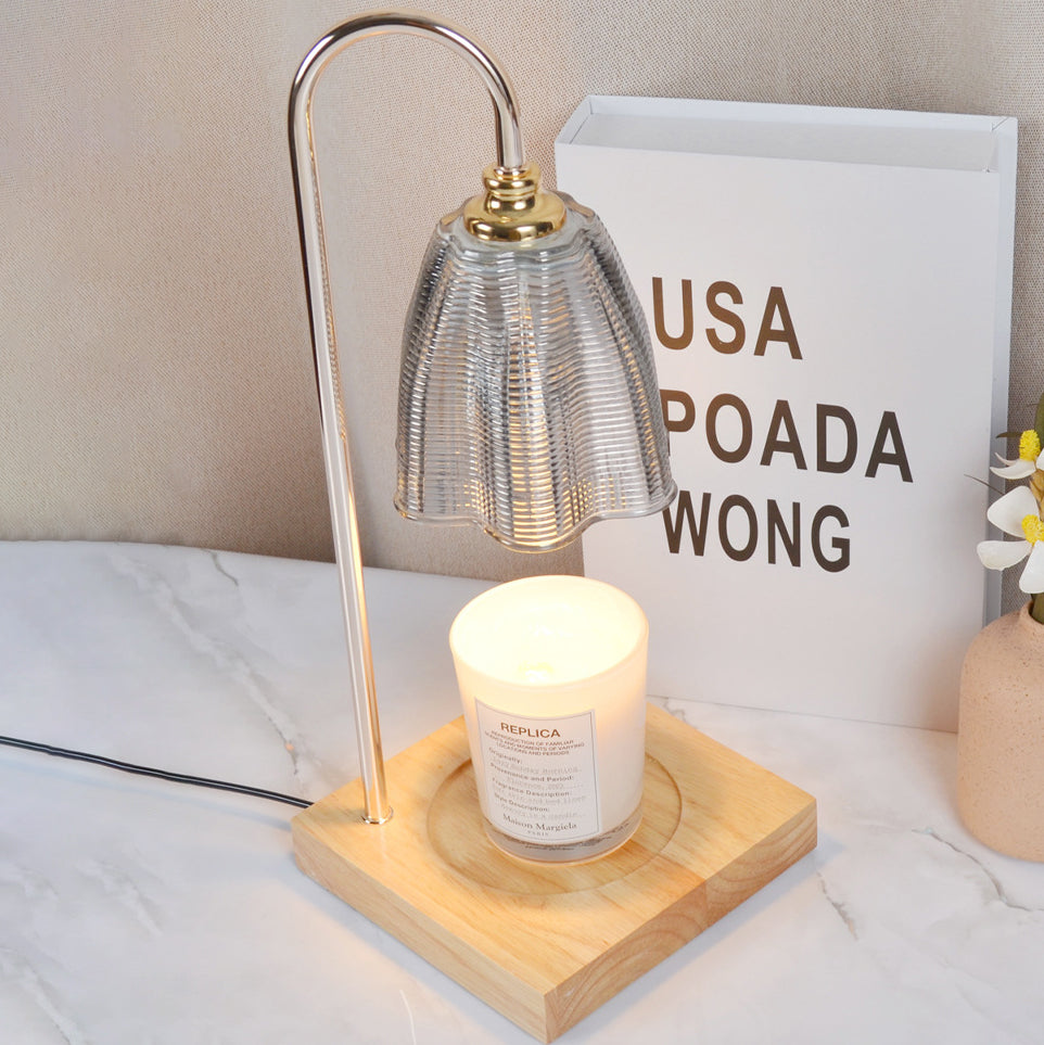 Modern Art Deco Round Cup Shape Wooden Base Iron Frame Glass Shade 1-Light Aromatherapy Melted Wax Table Lamp For Bedroom