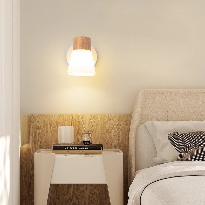 Modern Minimalist Cylinder Wood Glass Shade 1/2 Light Wall Sconce Lamp For Bedroom