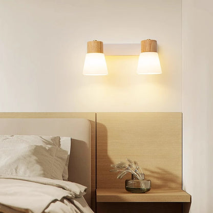 Modern Minimalist Cylinder Wood Glass Shade 1/2 Light Wall Sconce Lamp For Bedroom