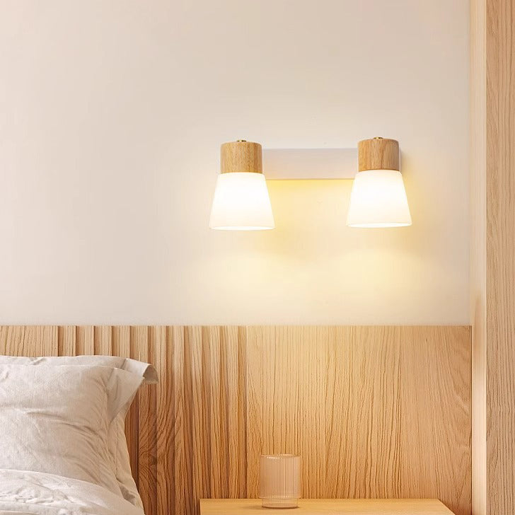 Modern Minimalist Cylinder Wood Glass Shade 1/2 Light Wall Sconce Lamp For Bedroom