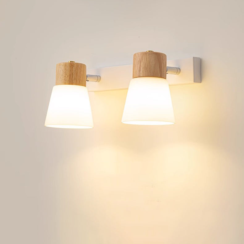 Modern Minimalist Cylinder Wood Glass Shade 1/2 Light Wall Sconce Lamp For Bedroom