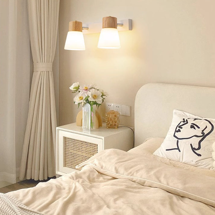 Modern Minimalist Cylinder Wood Glass Shade 1/2 Light Wall Sconce Lamp For Bedroom