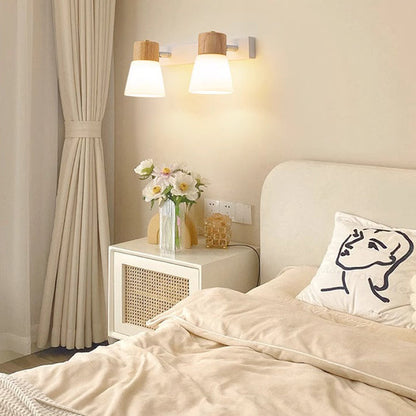Modern Minimalist Cylinder Wood Glass Shade 1/2 Light Wall Sconce Lamp For Bedroom